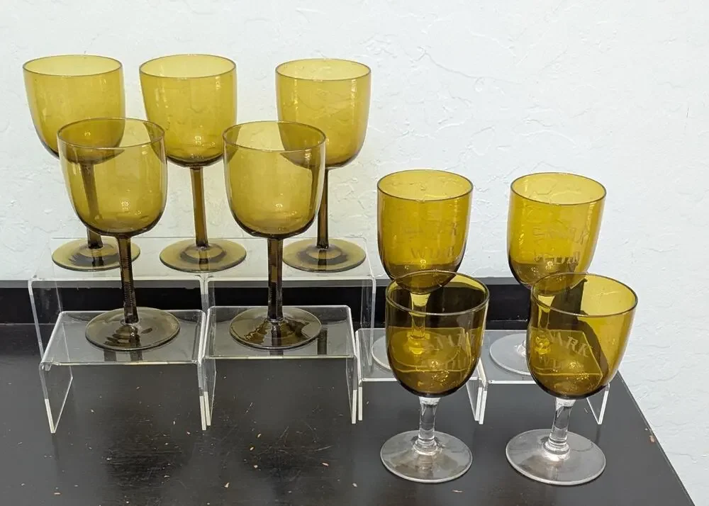 Hand Blown Dark Amber Wine Cordial Glasses Vintage Lot Of 9 MCM Olive Green